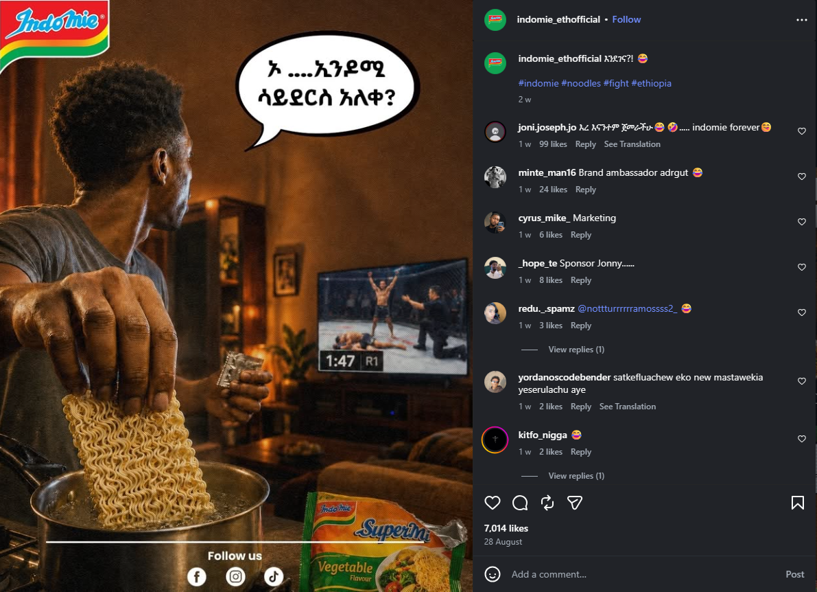 Indomie Ethiopia jumping on the internet culture created by the ETFC outcomes